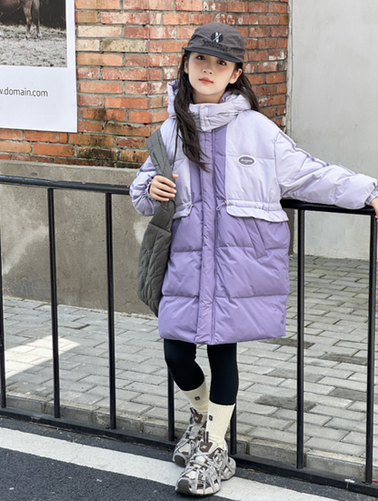 New color blocked children's down jackets for adults, girls, and boys